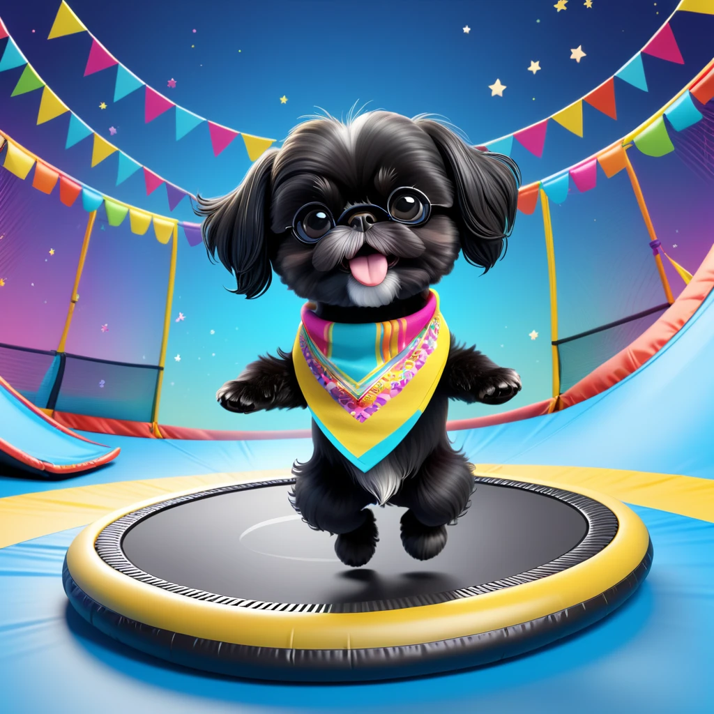 2 Adorable small black Shih Tzu puppies wearing bright bandannas and sunglasses jumping on trampoline Disney background 3d cartoon 3d render disney pixar style