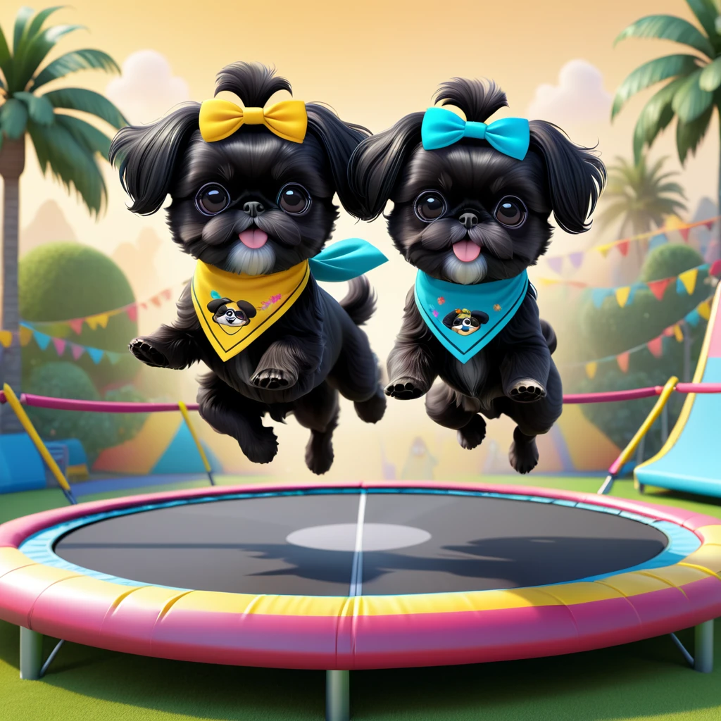 2 Adorable small black Shih Tzu puppies wearing bright bandannas and sunglasses jumping on trampoline Disney background 3d cartoon 3d render disney pixar style