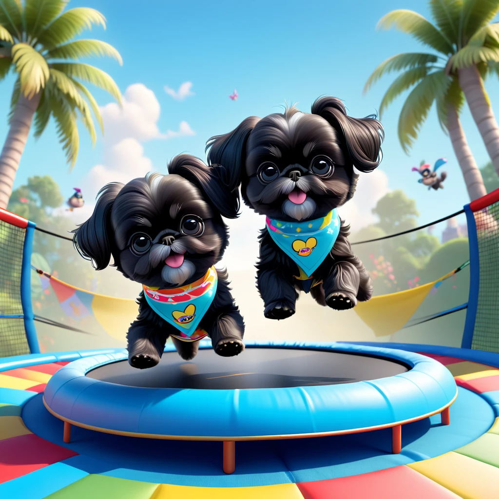 2 Adorable small black Shih Tzu puppies wearing bright bandannas and goggles skydiving Disney background 3d cartoon 3d render disney pixar style