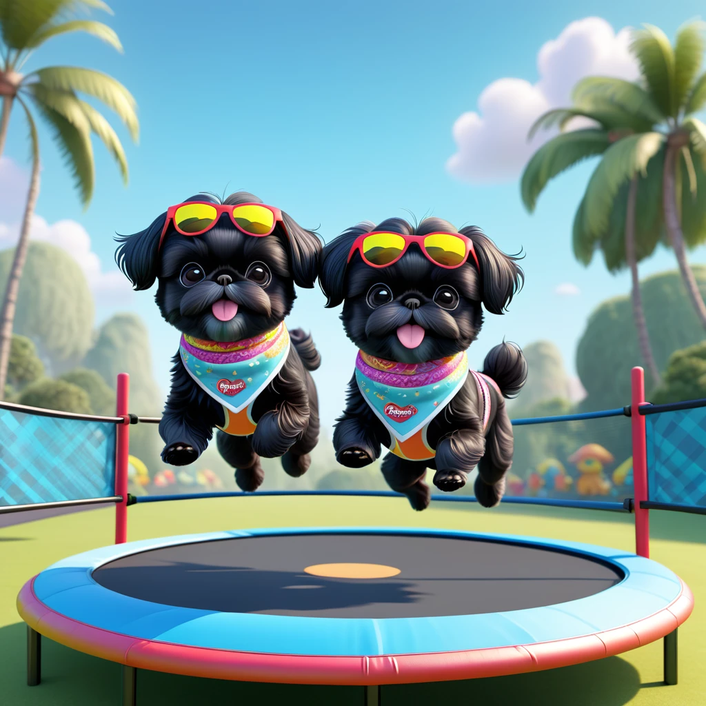 2 Adorable small black Shih Tzu puppies wearing bright bandannas and sunglasses jumping on trampoline Disney background 3d cartoon 3d render disney pixar style