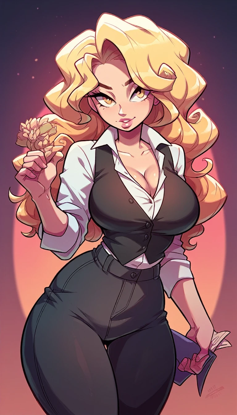 A tall girl, sexy, beautiful, attractive, sensual, big chest, long curly blonde hair, her yellow eye, pink lip, she wears a red office shirt under a black vest and a black metallic pants, big thigh, black heel. 