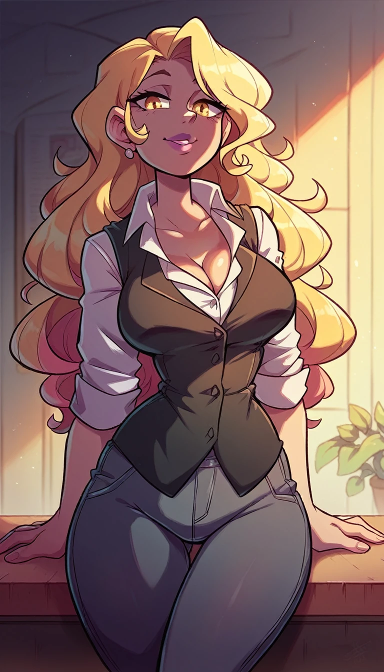 A tall girl, sexy, beautiful, attractive, sensual, big chest, long curly blonde hair, her yellow eye, pink lip, she wears a red office shirt under a black vest and a black metallic pants, big thigh, black heel.
