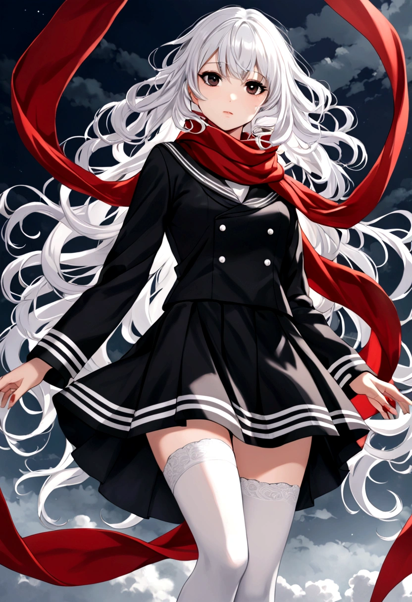 A girl with wavy white hair, black eyes, wearing a black sailor fuku with a red scarf and long white stockings.
