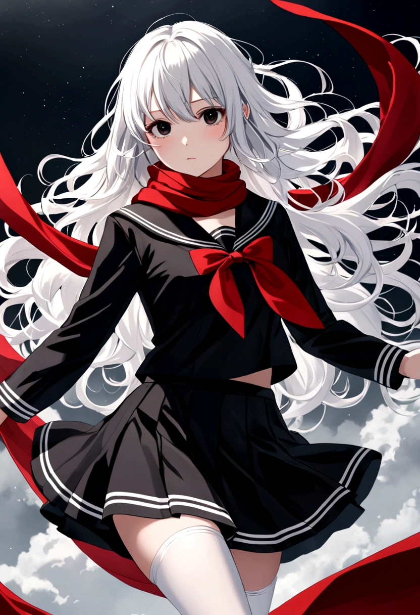A girl with wavy white hair, black eyes, wearing a black sailor fuku with a red scarf and long white stockings.