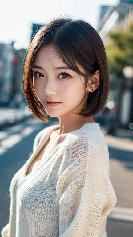 1 Girl, (Wearing a white summer sweater:1.2), Very beautiful Japanese idol portraits, see-through、
(RAW Photos, Highest quality), (Realistic, Realistic:1.4), (masterpiece), 
Very delicate and beautiful, Very detailed, wallpaper, wonderful, finely, Very detailed CG Unity 8K wallpaper, Very detailed, High resolution, Soft Light, 
Beautiful detailed girl, Very detailed目と顔, Beautiful and sophisticated nose, finelyて美しい目, Cinema Lighting, 
(I am doing gravure shoots for fashion magazines.....:1.3), (Outdoor),
(short hair), 
Complete Anatomy, Slender body, Small breasts, smile