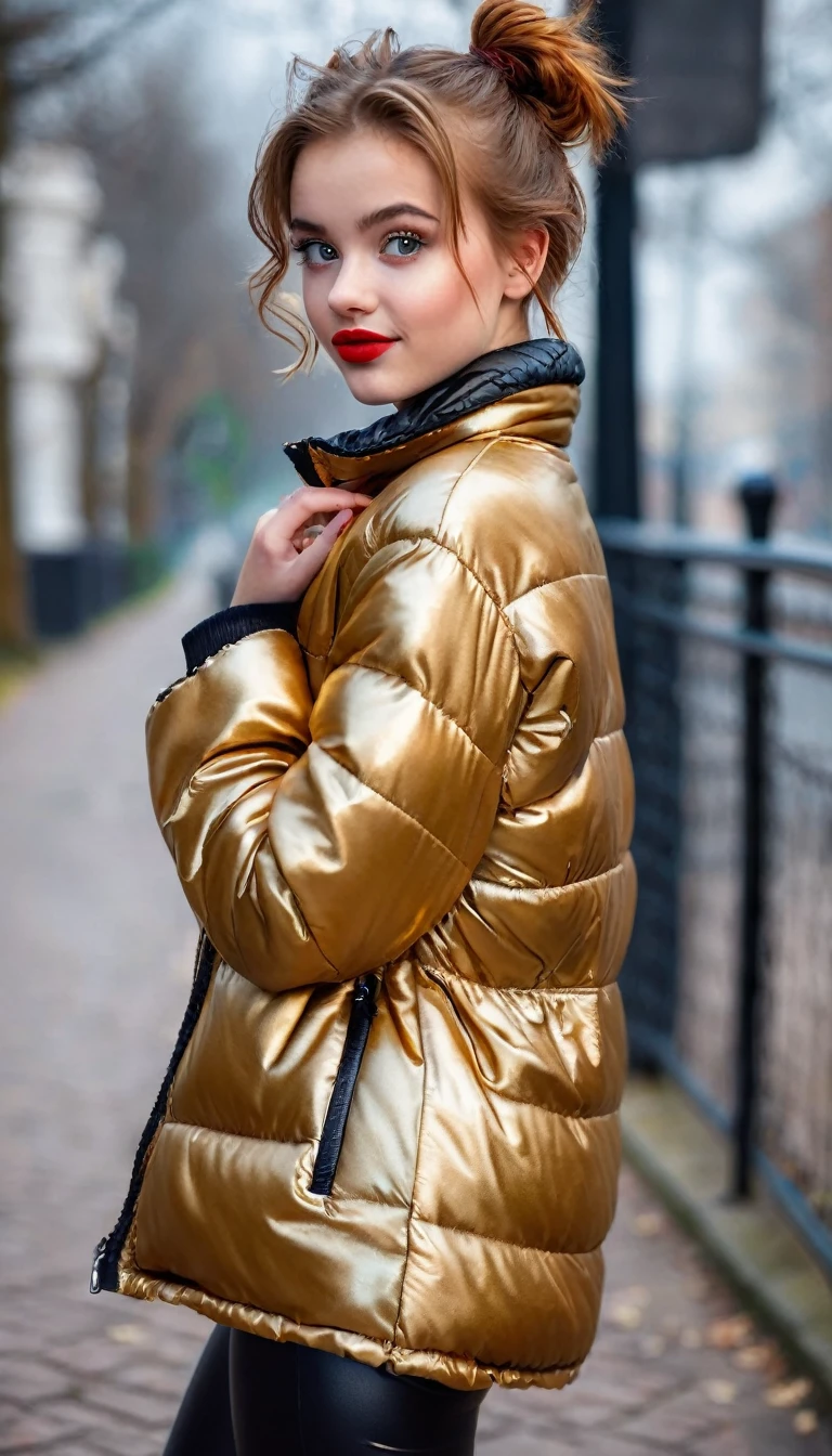 ultrarealistic high quality fullbody photo of a beautiful slim european girl with cute hyperdetailed shy face and natural redhead short messy bun and mischievous face, realistic round hazel eyes, red lips, dark eye makeup with eyeliner, wearing shiny gold puffer jacket and faux leather leggins, hourglass body, outdoor shooting
