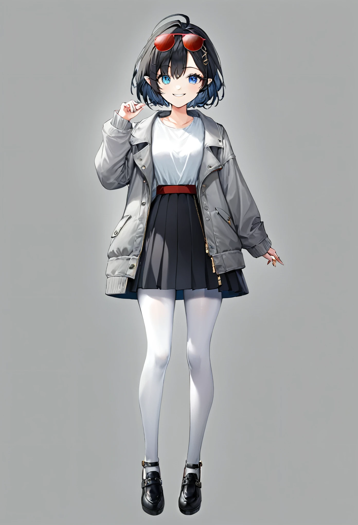 1girl, solo, wearing sunglasses, black hair, short hair style, red headband, full body, elf ears, long bangs, fang, wide smile, white shirt, grey jacket, long sleeves, light blue eyes, beautiful eyes, detailed eyes, looking at viewer, gradient background, skirt, white pantyhose, black shoes, 
