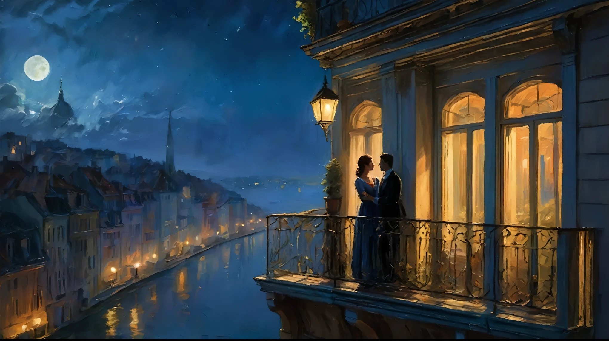 a couple standing on a balcony looking out at the city, inspired by Evgeny Lushpin, by Evgeny Lushpin, romantic painting, by Alexander Kucharsky, by Marek Okon, by Krzysztof Boguszewski, romantic scene, by László Balogh, balcony scene, style of raphael lacoste