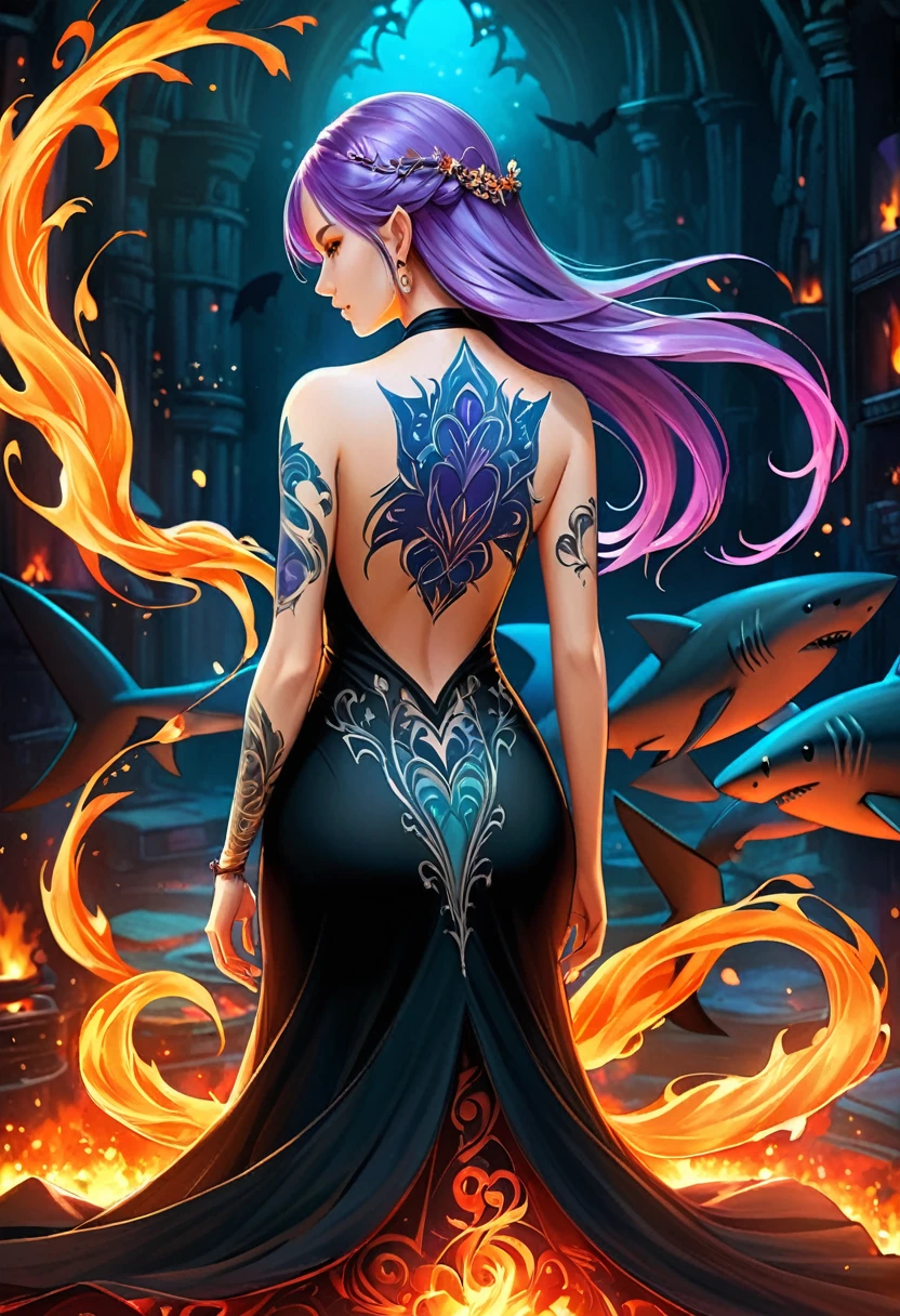 Arafed, Dark fantasy art, fantasy art, goth art, a picture of a ((shark tattoo: 1.5)) on the back of a female elf, a glowing tattoo of a ((shark: 1.3)) on the elf's back, the ((shark tattoo)) is vivid, intricate detailed coming to life from the ink to real life, GlowingRunesAI_purple, ((fire surrounds the shark: 1.5)), shoot taken from the back, ((the back is visible: 1.3), she wears a transparent black dress, the dress is elegant, flowing, elven style, that the tattoos glow, dynamic hair color, dynamic hair style, faize,, Digital Painting