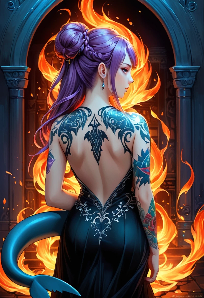 Arafed, Dark fantasy art, fantasy art, goth art, a picture of a ((shark tattoo: 1.5)) on the back of a female elf, a glowing tattoo of a ((shark: 1.3)) on the elf's back, the ((shark tattoo)) is vivid, intricate detailed coming to life from the ink to real life, GlowingRunesAI_purple, ((fire surrounds the shark: 1.5)), shoot taken from the back, ((the back is visible: 1.3), she wears a transparent black dress, the dress is elegant, flowing, elven style, that the tattoos glow, dynamic hair color, dynamic hair style, faize,, Digital Painting