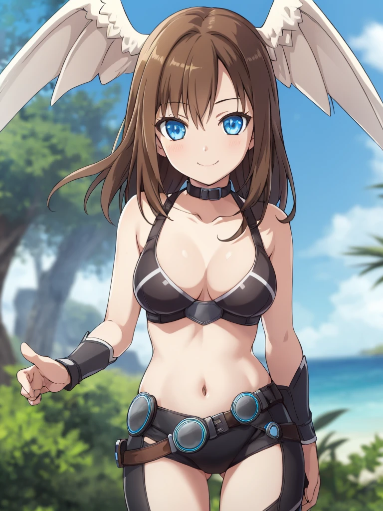 1girl, solo, HDR,  sharp focus,  (8k),  (4k),  masterpiece,  best quality,  extremely detailed,  detailed skin,  hyper detailed,  sharp focus,  perfect eyes,  high quality,, best quality, eunie,1girl,brown hair,  head wings, blue eyes, big breasts, perfect hands, smile, bikini, cute,