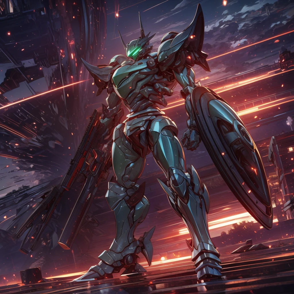 Biological mech holding a medium sized shotgun. The twig-looking thrusters on its back.(A more rounded and smooth body shape, green shield made from a snake: 1). Carried two spare weapons, a closed-barreled shotgun and a heavy-caliber pistol. Extremely detaild, 4k uhd, HDR, naturallight, cinematic lighting, masterpiece-anatomy-perfect, ultra HD, Space Combat, Battlefield, RAW photo, metallic, ultra-fine painting, perfect body proportions, anatomically correct, real texture material, Anti-Aliasing, TXAA, SSAO, Post Processing, Post Production, Tone Mapping, CGI, VFX, SFX, hyper maximalist, ultra photorealultra-detailed intricate details.