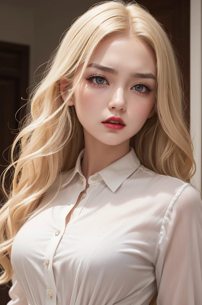 Girl with medium wavy blonde hair, with eyes, red lipgloss stick, dark blonde, semi-arched eyebrows and white button-down dress. She has a western face and an angry face