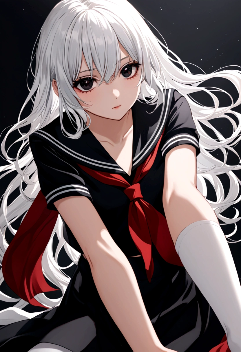 A girl with wavy white hair, black eyes, wearing a black sailor fuku with a red scarf and long white stockings.