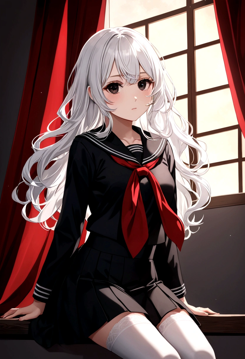 A girl with wavy white hair, black eyes, wearing a black sailor fuku with a red scarf and long white stockings.