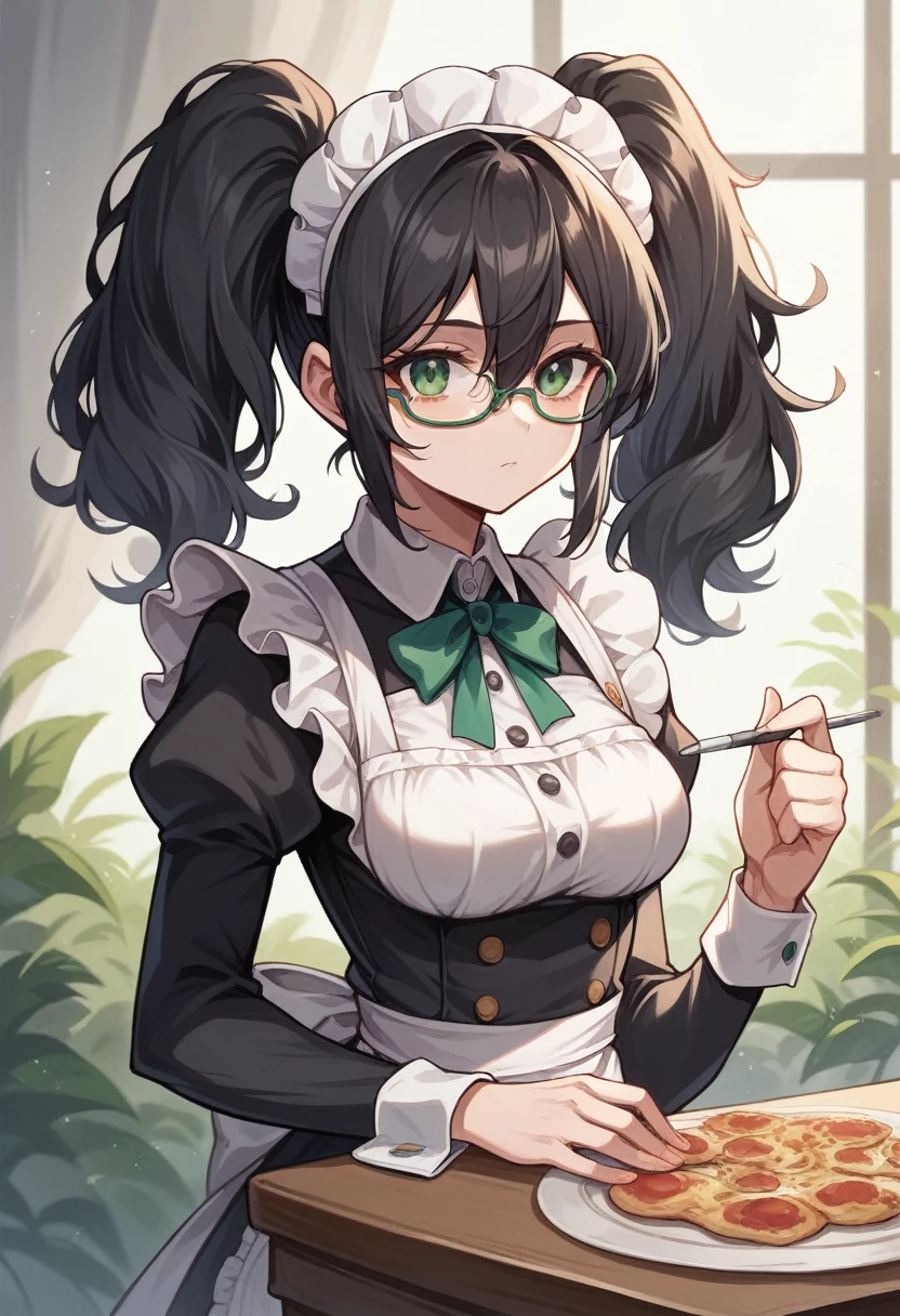 best quality, masterpiece, super high resolution, perfect anatomy, 1girl, black hair, medium twintails, medium hair, messy, hair, big hair, sidelocks, hair between eyes, huge twintails, green eyes, small glasses, medium breasts, pale skin, :3, 23 years old, maid, incredibly absurdres,