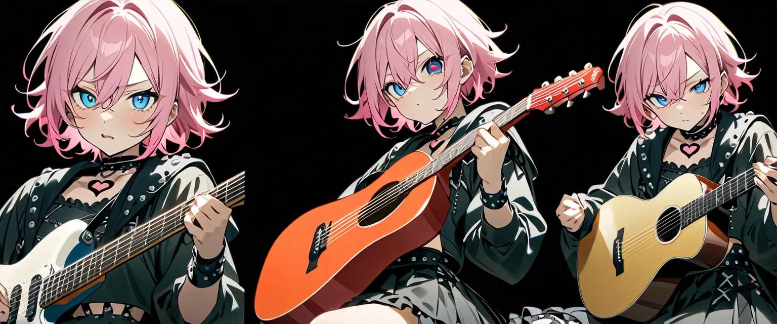 (((masterpiece,Highest quality))),(((A beautiful male anime character in drag with short pink hair and blue eyes wearing a punk lolita style visual kei outfit, holding a guitar))),((He is sitting with his guitar in his arms)),(((He is looking at me with a sulky expression,Heart mark in the eyes))),(((Black Background))),Focus on the whole body,(high quality),アニメ