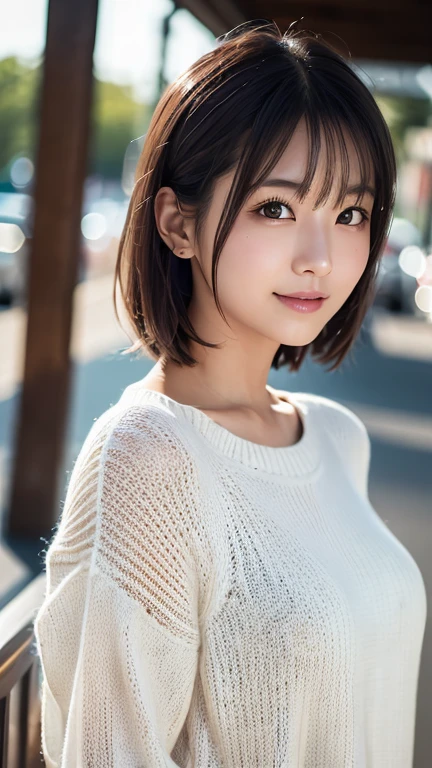 1 Girl, (Wearing a white summer sweater:1.2), Very beautiful Japanese idol portraits, see-through、Black tank top is see-through、
(RAW Photos, Highest quality), (Realistic, Realistic:1.4), (masterpiece), 
Very delicate and beautiful, Very detailed, wallpaper, wonderful, finely, Very detailed CG Unity 8K wallpaper, Very detailed, High resolution, Soft Light, 
Beautiful detailed girl, Very detailed目と顔, Beautiful and sophisticated nose, finelyて美しい目, Cinema Lighting, 
(I am doing gravure shoots for fashion magazines.....:1.3), (Outdoor),
(short hair), 
Complete Anatomy, Slender body, Small breasts, smile