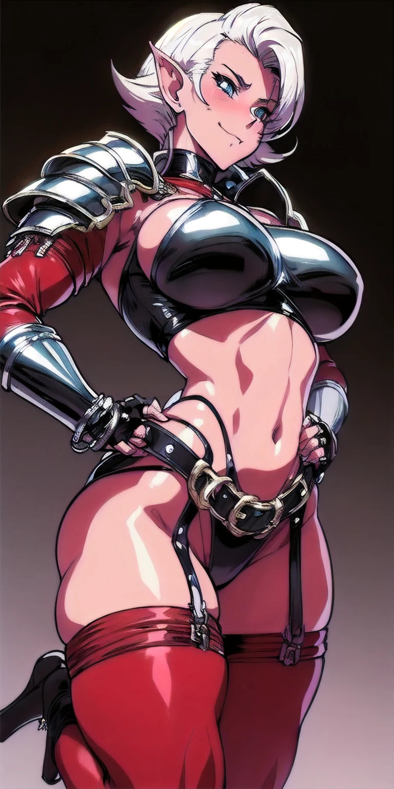 90s style, Dark fantasy anime illustration of a (Mature MILF BIMBO Dark Elf with gray skin and short white hair), (Upper part of the body) Perfect face, wearing tight-fitting leather stealth armor, stalking his victim in DAYLIGHT, ambient light, dark and moody, retro style, Large knocker neckline,  lustful blushing smile red blush red cheeks, chain strap, down on my knees, shackles, black collar leather slave, ((black background))