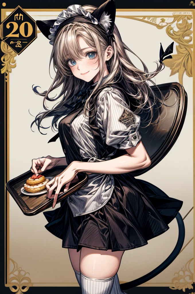 One Girl、(20-year-old woman)、Cat ears headband、Cat tail、Maid、Holding a tray with two parfaits on it in one hand、With the other hand, lift your skirt to show your underwear、Short skirt、White knee-high socks、Striped pants、Highest quality、8K、Beautiful Face、Mischievous smile、Wink、View Viewer、Bright cafe