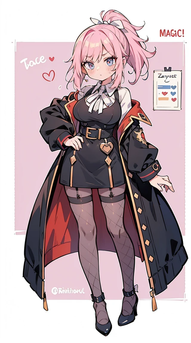 1 girl in, whole body, design of character, ((Loose pink ponytail with white ribbon)), ((eyes are red)),  (Zito eyes without lights), ((Cold straight face)), (mole under right eye), long bangs, Eyes are hearts, Lavagemcerebral, large full breasts, high qualiy, slutty, Magic Reform, Black rubber slit suit, Fishnet pantyhose, ribbons-garters, black highheels, wide plan, Detailed arrest background