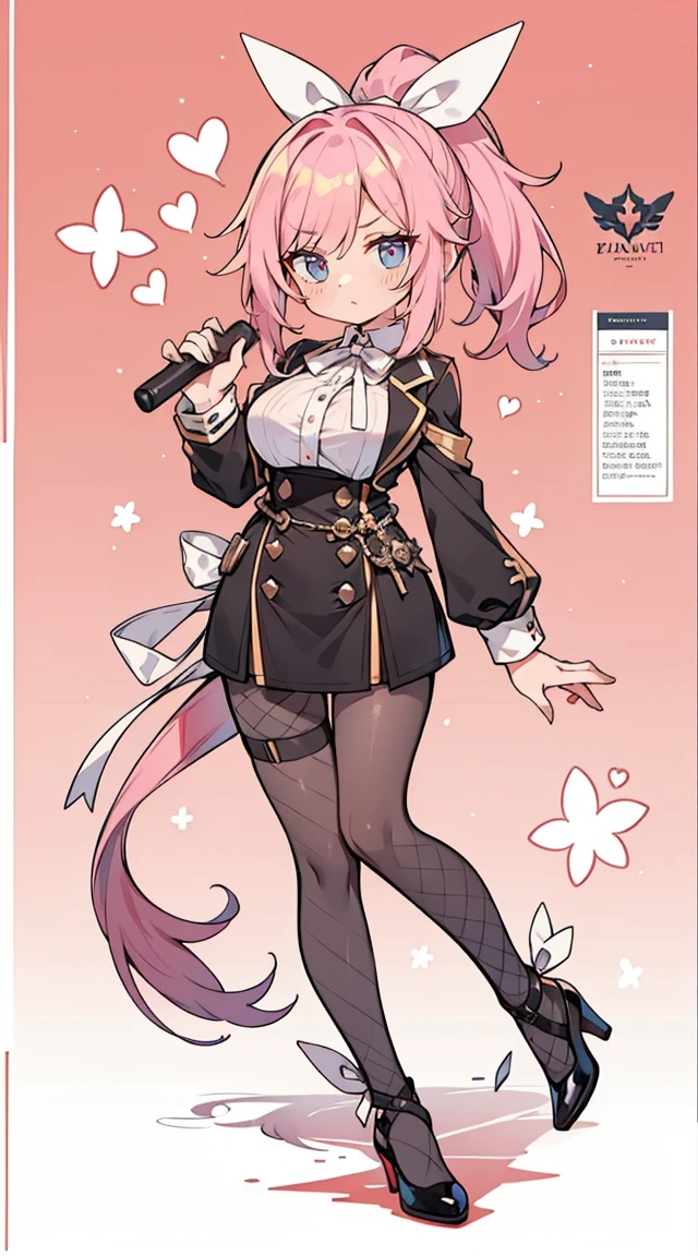 1 girl in, whole body, design of character, ((Loose pink ponytail with white ribbon)), ((eyes are red)), (Zito eyes without lights), ((Cold straight face)), (mole under right eye), long bangs, Eyes are hearts, Lavagemcerebral, large full breasts, high qualiy, slutty, Magic Reform, Black rubber slit suit, Fishnet pantyhose, ribbons-garters, black highheels, wide plan, Detailed arrest background