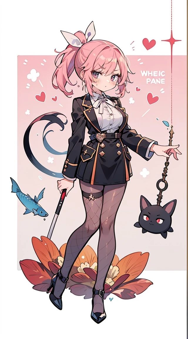 1 girl in, whole body, design of character, ((Loose pink ponytail with white ribbon)), ((eyes are red)),  (Zito eyes without lights), ((Cold straight face)), (mole under right eye), long bangs, Eyes are hearts, Lavagemcerebral, large full breasts, high qualiy, slutty, Magic Reform, Black rubber slit suit, Fishnet pantyhose, ribbons-garters, black highheels, wide plan, Detailed arrest background