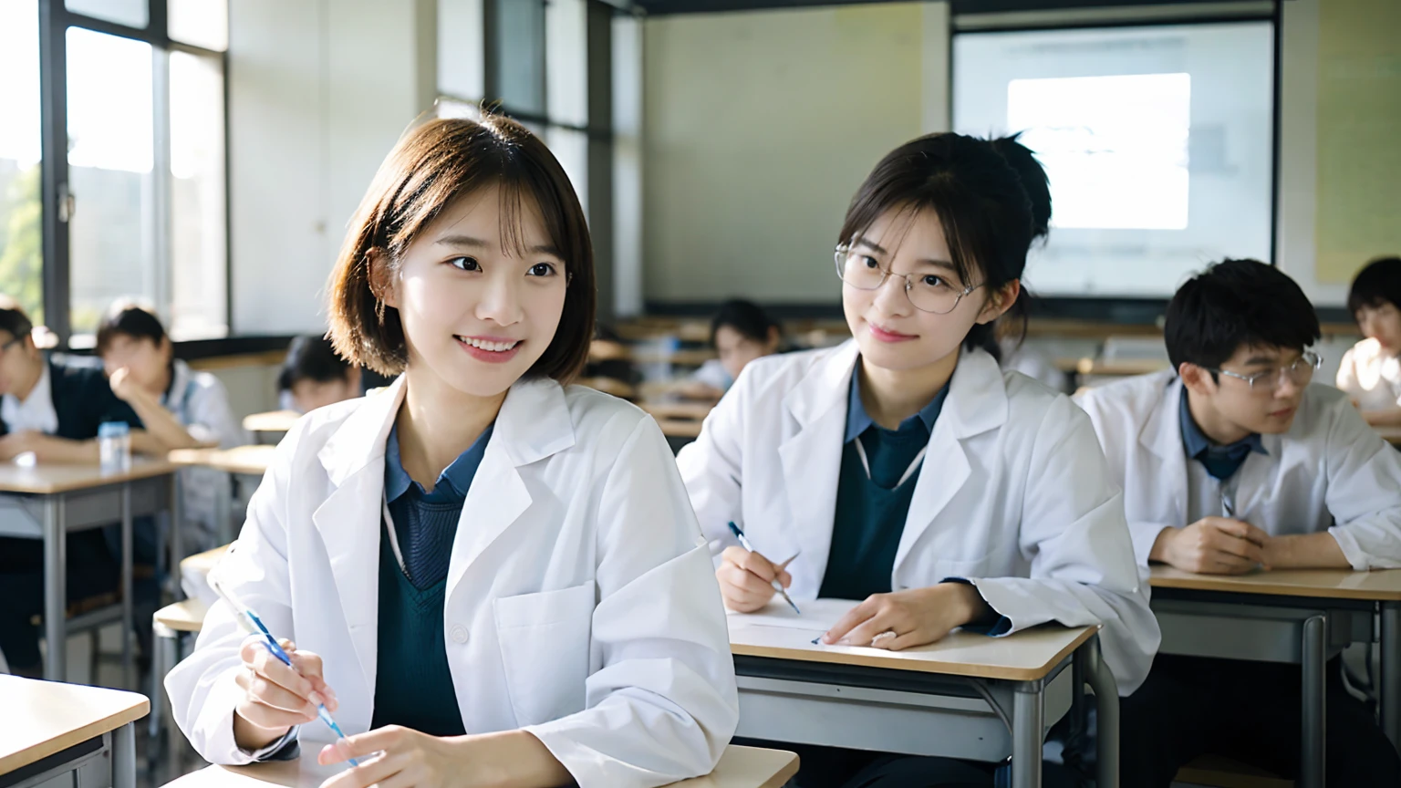 University professor:1.2、Research Scene:1.4、(male:1.3)、White、experiment、Classroom
