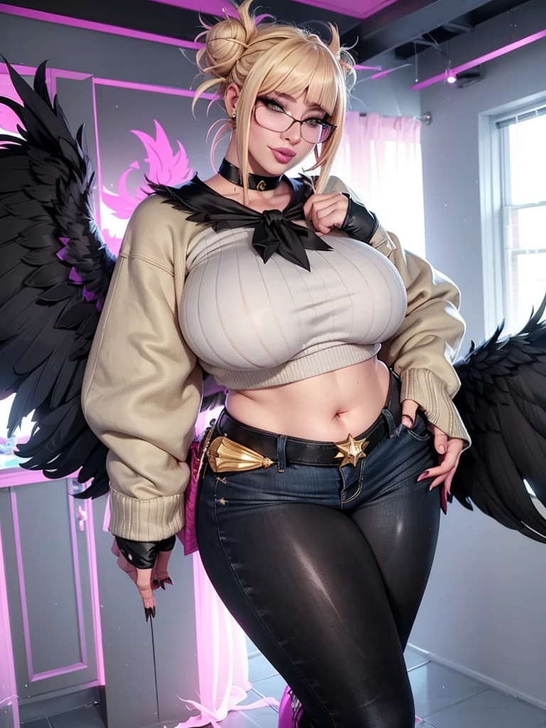 realisticlying,22yo girl,Blonde short、big body, sexy lingerie lace black ,perfect eyes, hair bunches、very very long hair, ultradetailed hair, body nylon sexy, Breasts enlarged、 big body, blonde, woman 1.90 CM,ponytail, ((hair over eyes)),perfect mouth, massive big bounce oppai, WET SKIN, (masterpiece, best quality:1.2), 1girl, solo, city background, haze \(fortnite\), Harpy Haze From fortnite, 1girl, earrings, glasses, hat, jewelry, lips, long hair, looking at viewer, makeup, nail polish, pink eyes, pink hair, pink nails, smile, sunglasses, tinted eyewear, belt, black pants, crop top, eyeshadow, midriff, navel, pants, choker, fingernails, round eyewear, sharp fingernails, standing, black feathers, black headwear, hoop earrings, horned headwear, horns, denim, winged arms, feather trim, star \(symbol\), elbow gloves, dark pink lips, feathers, heels, shoes, angel wings, bangle, black wings, crop top overhang, feathered wings, harpy, low wings, multicolored hair, multicolored wings, pink wings, wings, fingerless gloves, shirt, long fingernails, boater hat, bootcut pants, leather pants, sleeves, black sleeves,massive big bounce oppai,massive big bounce oppai,massive big bounce oppai,