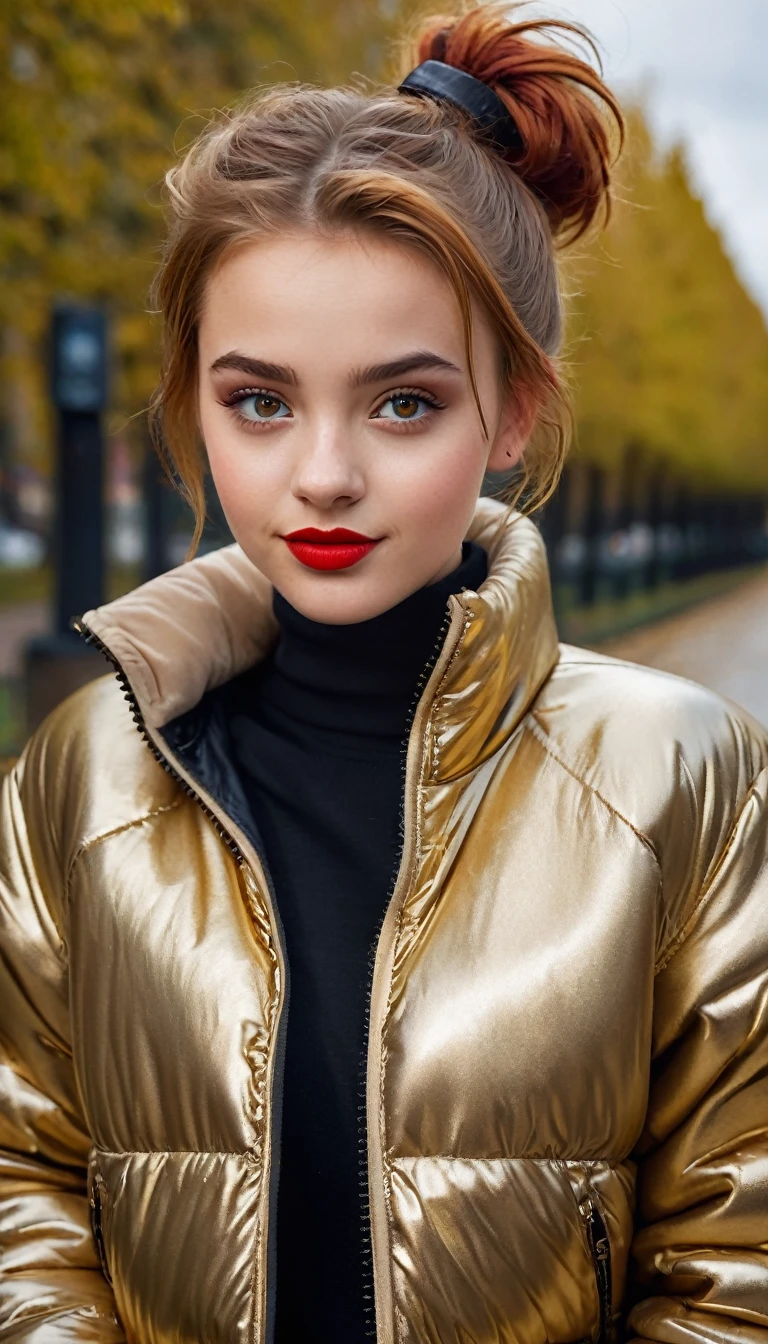 ultrarealistic high quality fullbody photo of a beautiful slim european  girl with cute hyperdetailed shy face and natural redhead short messy bun and mischievous face, realistic round hazel eyes, red lips, dark eye makeup with eyeliner, wearing shiny gold puffer jacket and faux leather leggins, hourglass body, outdoor shooting