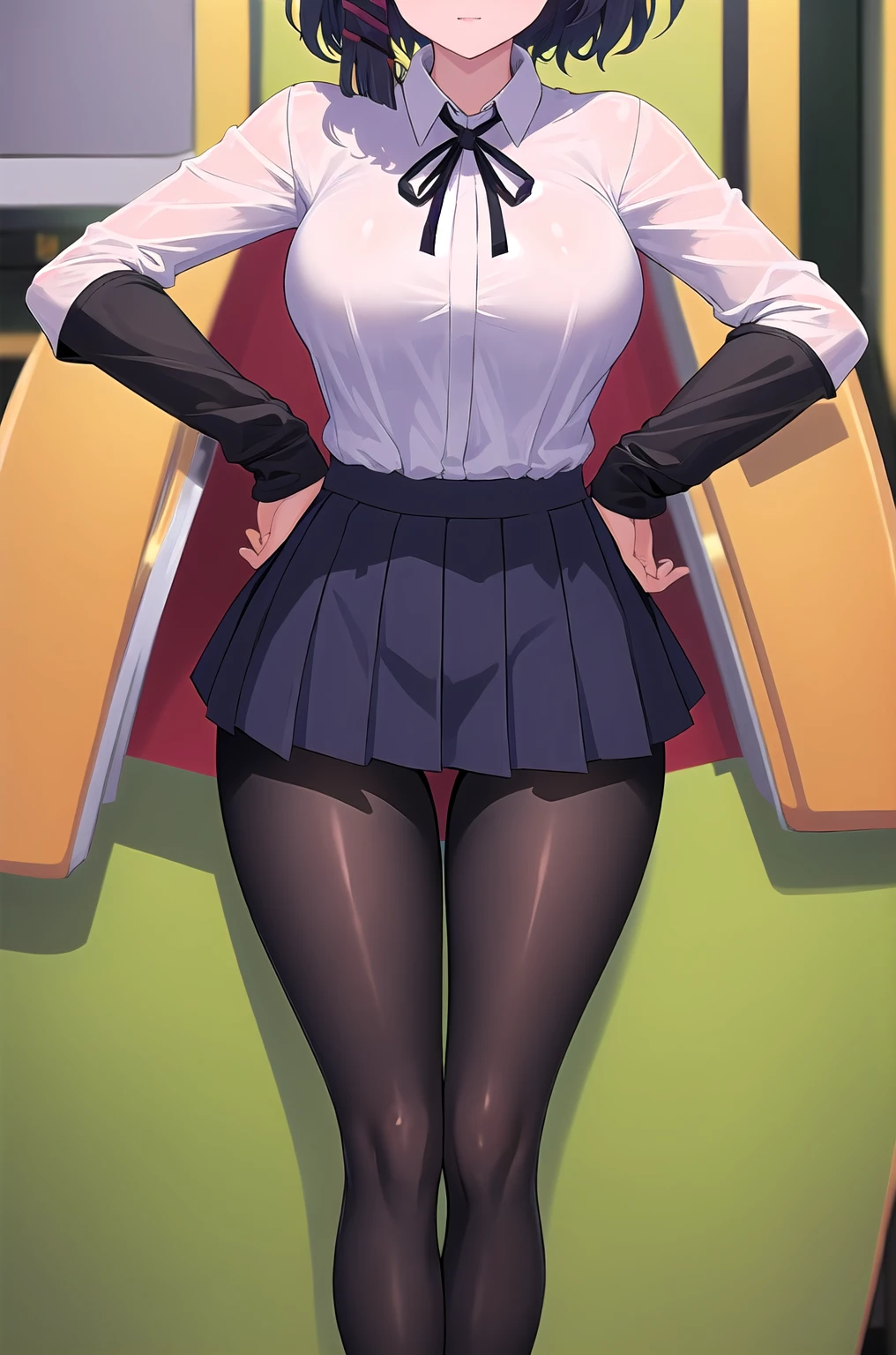 masterpiece, best quality, ultra-high-detailed, 1girl, white shirt, neck ribbon, short over long sleeves, pleated skirt, black pantyhose micro tanding、(half:1.3), Wide Hips, Thick thighs, (Thigh Gap:1.2), （Big Breasts:1.4)