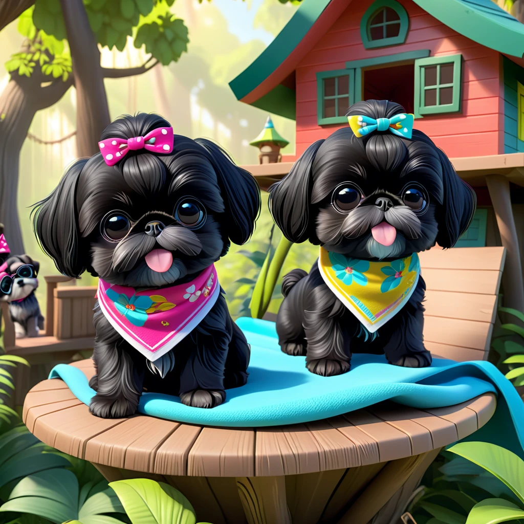 2 Adorable small black Shih Tzu puppies wearing bright bandannas and sunglasses in treehouse Disney background 3d cartoon 3d render disney pixar style