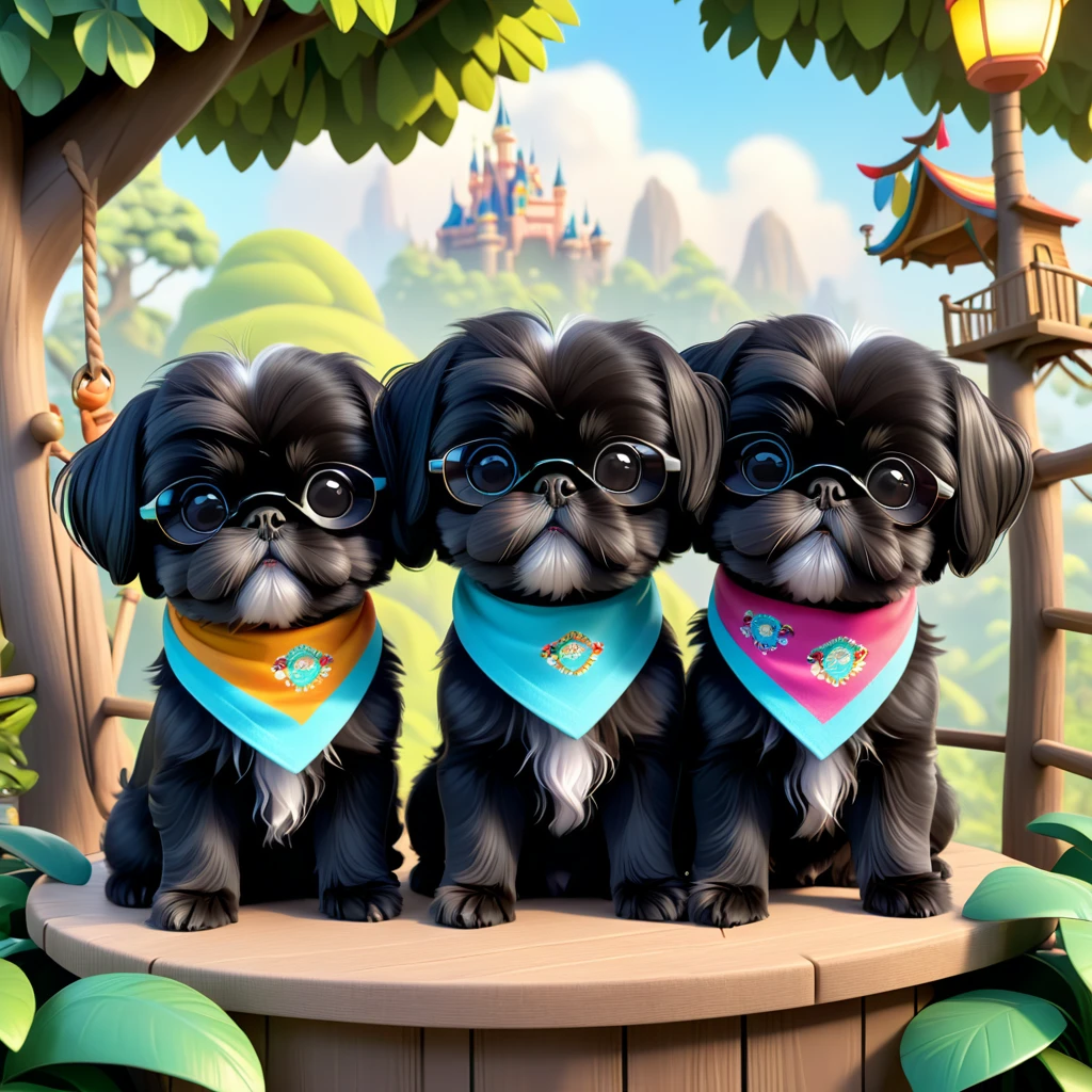 2 Adorable small black Shih Tzu puppies wearing bright bandannas and sunglasses in treehouse Disney background 3d cartoon 3d render disney pixar style