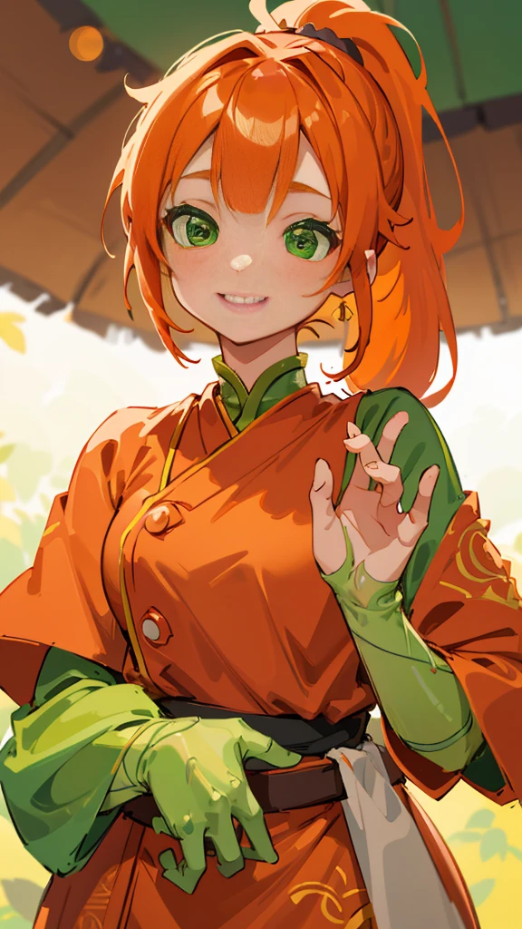 1 Girl、8K、Sharp focus、(Bokeh) (Highest quality) (Detailed skin:1.3) (Intricate details) (anime)、Orange clothes、Orange Hair、ponytail、Beautiful green eyes、Wicked Smile、Loincloth、Shrimp mascot、Upper body close-up
