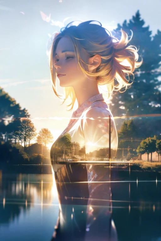 Transport me to a magical world with this photorealistic rendering of a girl.。, Her joyful expression and flowing clothes.、Perfectly complements the magical lakeside setting.。, Enhanced with impressive multiple exposure effects.