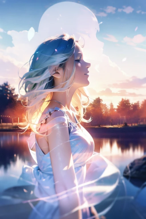 Transport me to a magical world with this photorealistic rendering of a girl.。, Her joyful expression and flowing clothes.、Perfectly complements the magical lakeside setting.。, Enhanced with impressive multiple exposure effects.