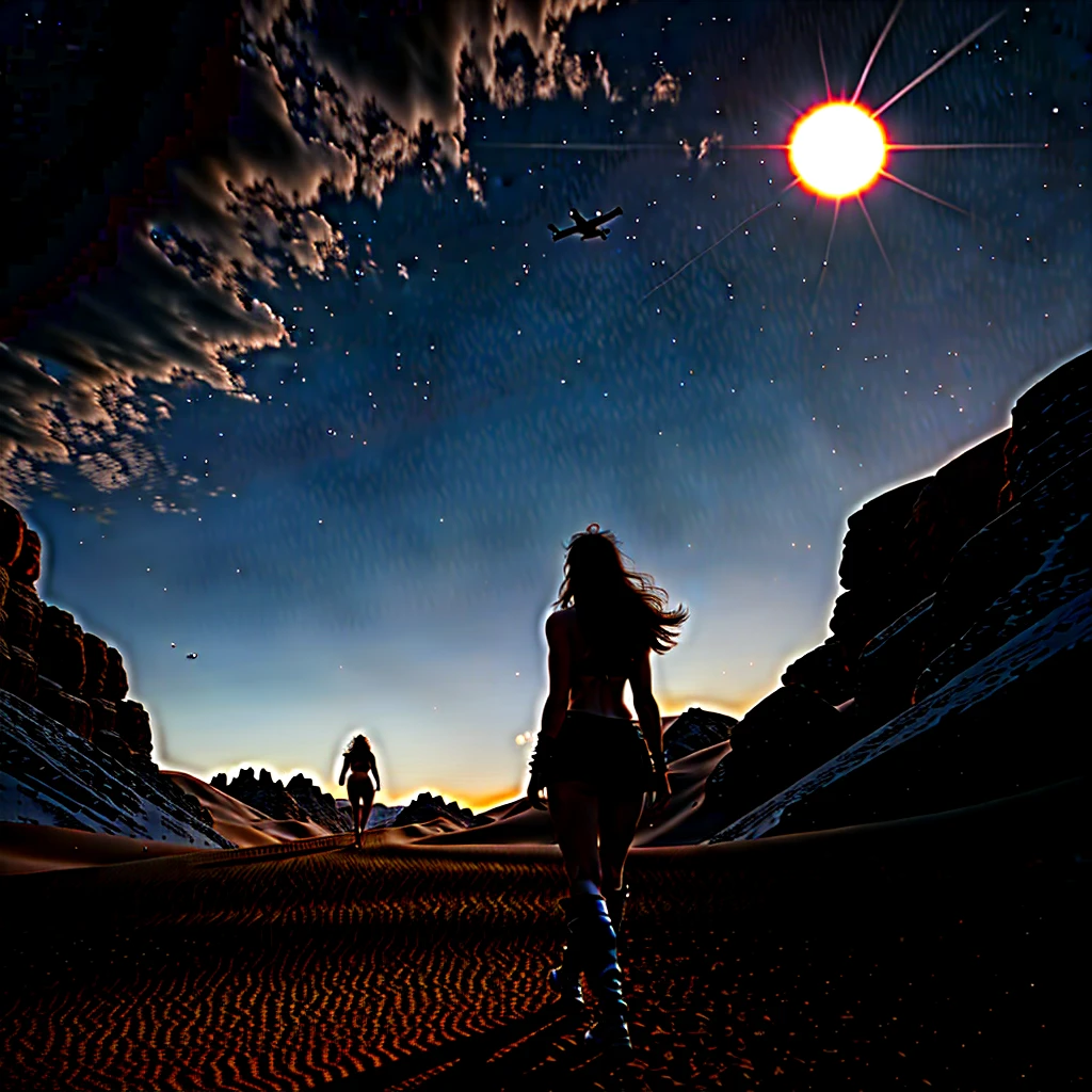 High resolution drawing of a large full body warrior with long hair facing the camera in illuminated silver and blue Cyborg armor with muscular body, head turned to the right looking at a woman on her knees with huge breasts, walking in a sandy desert, eagles flying in the sky at dusk.