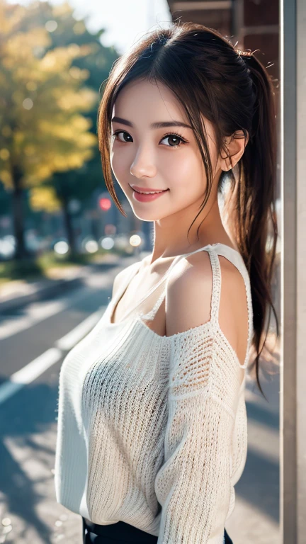 ((Park fountain:1.3)), (8k, RAW Photos, Highest quality, masterpiece:1.2), (Bun twin tail), alone, Looking at the audience, Viewed from the front, ((性欲が強いhigh school girl))、Beautiful white skin, knees, Absurd face is small, Part your bangs down the middle, The forehead is visible, Glare, ((A cute and mischievous face:1.3)), Ultra-high resolution, cute, (Slender body line), Outstanding proportions, ((A tight knit dress that kills virginity:1.2)), high school girl, (Baby Face:1.5), Japanese women, Are standing, (Photorealistic:1.37), Photon Mapping, Realistic, cute顔が小さい, Brown eyes, prospect, Written boundary depth, Blurred Background, (I can see the bangs), Silky smooth hair, (Beautiful thin thighs:1.2), (Small beautiful butt:1.2), Light clothing, thigh, Nogizaka idol, Idol, (Detailed hands:1.3, Accurate hands:1.1, Beautiful little hands of a girl:1.3), (Small small breasts:1.3, Cleavage), Super quality, Low people, (Clear white skin, Skin with visible pores:1.2), (Focus on the face), Check and correct the garment construction, (Perfect Anatomy:1.3), (Detailed eyes and face:1.3, Professional photography techniques), ((Mischievous pose:1.3))