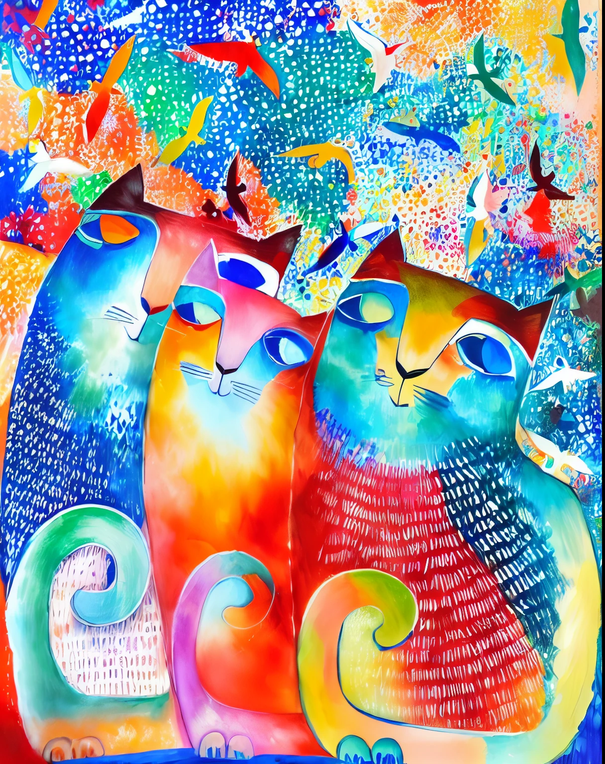 painting of three cats sitting on a ledge with birds flying around, inspired by Laurel Burch, by Pacita Abad, cat cat dreamcats, meeting of the cats, cats cat dreamcats, whimsical art, by Laurel Burch, by Judy Takács, by Jean Hey, by Bencho Obreshkov, cats, by Pat Adams