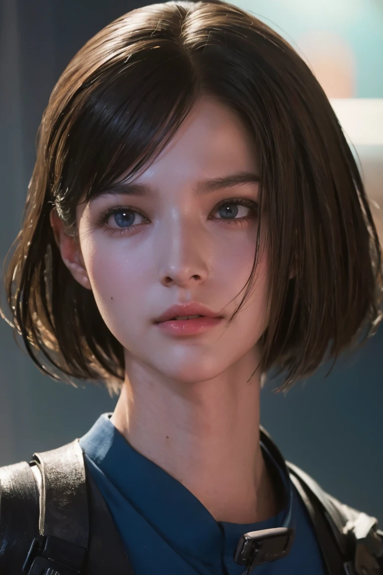 masterpiece, jill valentine, RE3 Remake, blue eyes:0.3, brown hair, oval face, long bob hair, portrait,