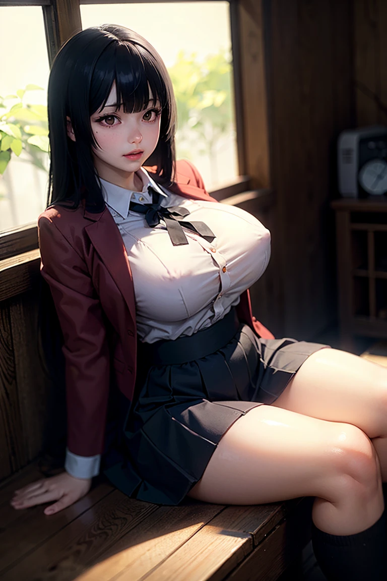 Sit in the sauna room , vapor , The waistband of the skirt sits high on the chest , Tight shirt , 白のshirt , high school girl , Skirt under the chest , The skirt is around the chest , The skirt is close to the chest , Yumeko Snake Eater, Black Hair, Long Hair, Blunt bangs , Red jacket, shirt, Black Skirt , Big Breasts