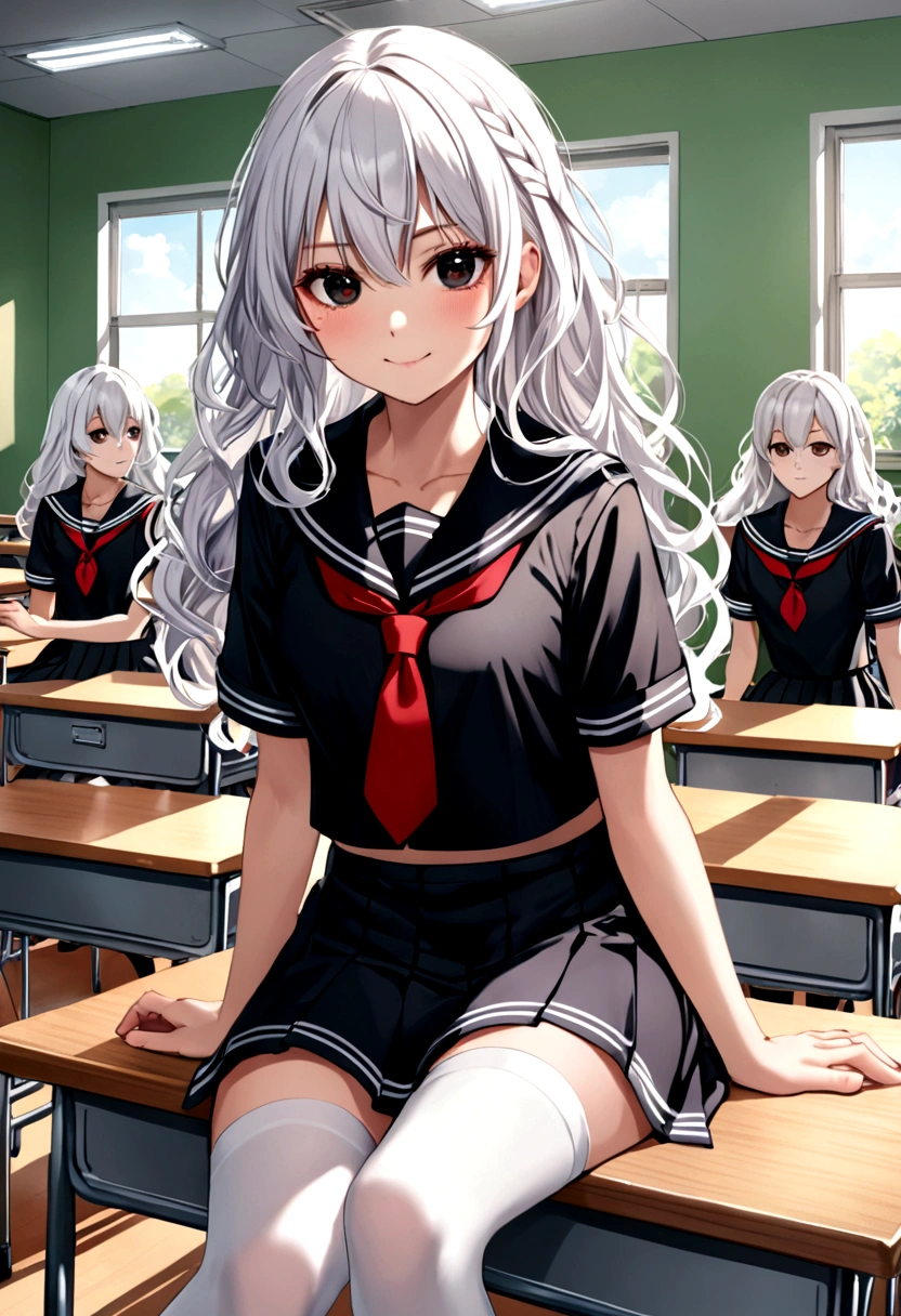 (Masterpiece、Highest quality、Very detailed、4K)、One Woman、(Light purple hair、Dark purple eyes)、Super short skirt、Panties、(((Alice Sakayanagi)))、((Characters from Welcome to the Classroom of the Elite))、Spread your legs、Panties無し