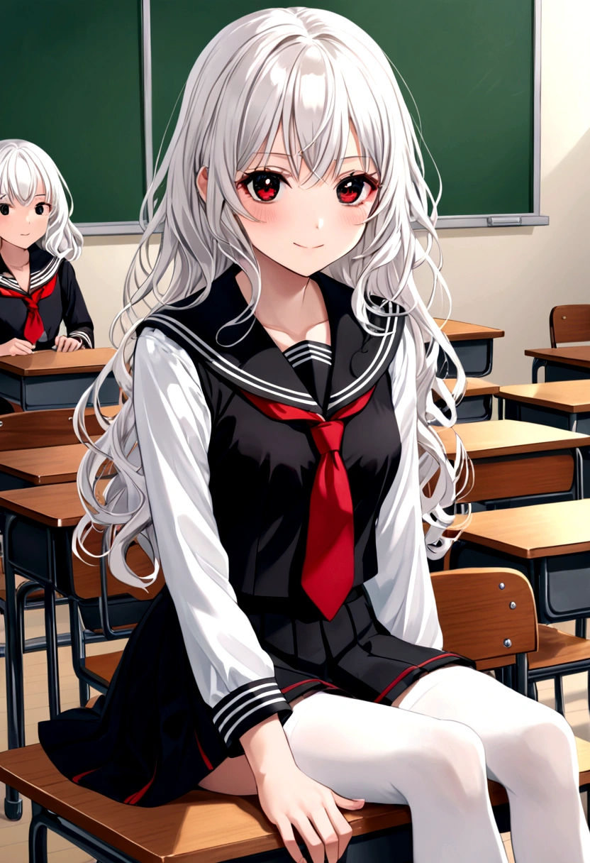 A girl with wavy white hair, black eyes, wearing a black sailor fuku with a red tie and long white stockings Sitting in a classroom with a smile and a serious look