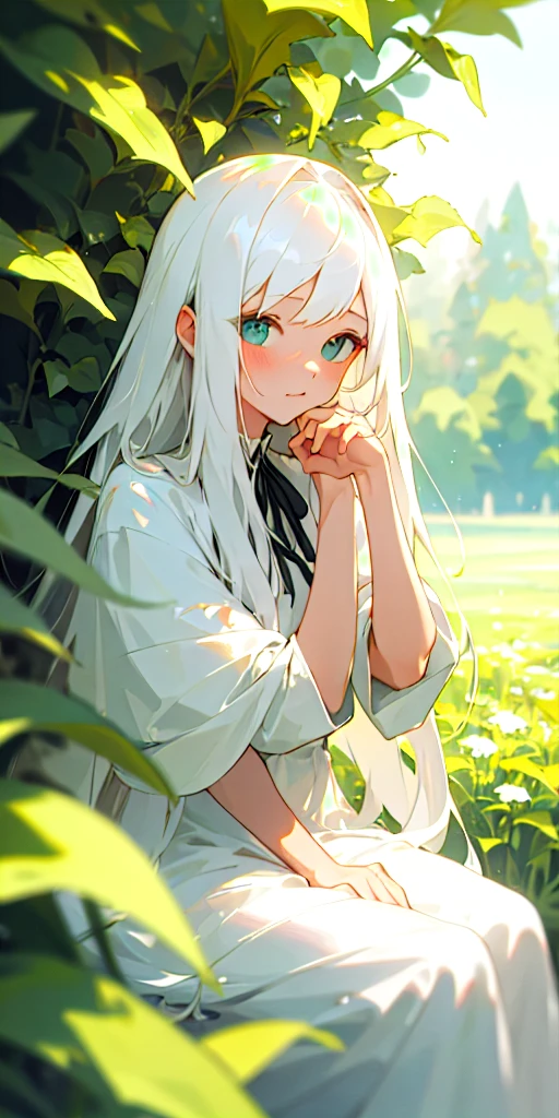(masterpiece, best quality),1girl with long white hair sitting in a field of green plants and flowers, her hand under her chin, warm lighting, white dress, blurry foreground