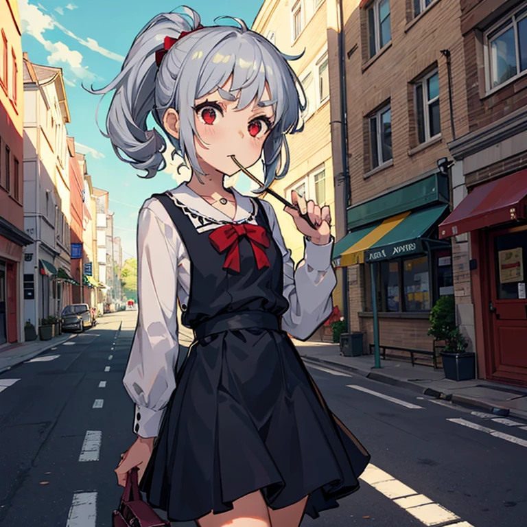 Girl with gray hair, ((curly hair with fringes)), ((short curly ponytail)), curly hair, (Red eyes), ((small, bushy eyebrows)), dressed in gothic lolita clothing, lolicon, walking to school bored look, bored face, cum bubbling out of her mouth, in a street, girl giving a naked man a handjob with one hand, parado in a street.