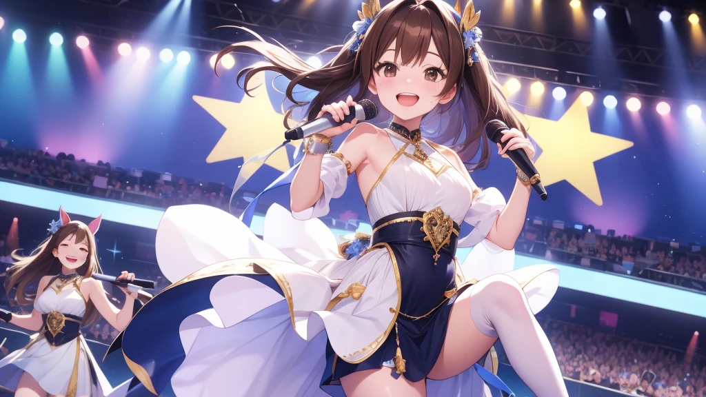 Highest quality、All limbs、Full Finger、Slender beauty、Brown Hair、yours、Idol Costumes、Knee socks、Beautiful big 、Live Stage、sing、Grab the microphone, Dancing、Big smile、 Embarrassed facial expression dynamic angle、Naughty wind