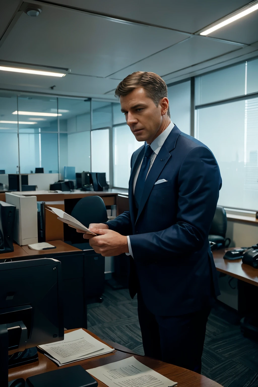 a male Boss in suit shaking micheal in an office, in an office, and handing him a letter, 4k realistic imagery, blue scenery like a movie scene, old american setting, inspired by blade runner movie scene, blue tone,