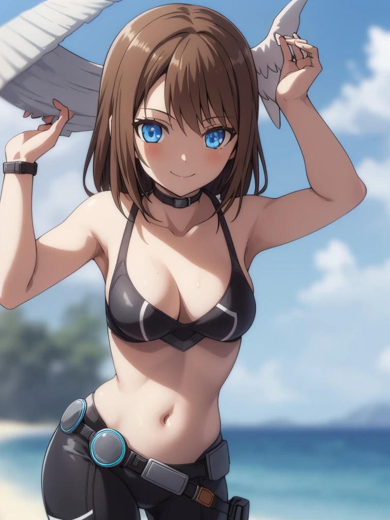 (best quality), (Super detailed), (Best Illustration), (woman), look at viewer, {(Thief:1.2), (bikini:1.2)}, (large breasts), {(detailed eyes), (heart-shaped pupils), blue eyes}, {brown hair, (sideburns), (bob cut:1.3), curly hair, hairs between eyes, colored inner hair}, blush, earring, hair band, fantasy landscape,