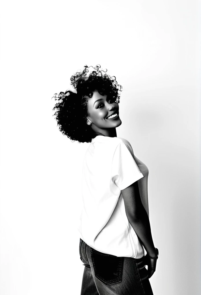 A african mixed model with brown skin is shown in a minimalist black and white photograph, posing in profile, tee shirt oversize, wearing short baggy jeans. Her head is tilted back, natural poses, 
Curly hair flowing freely, cherry lip,almond eyes, joyful smile.background white,beautiful natural features