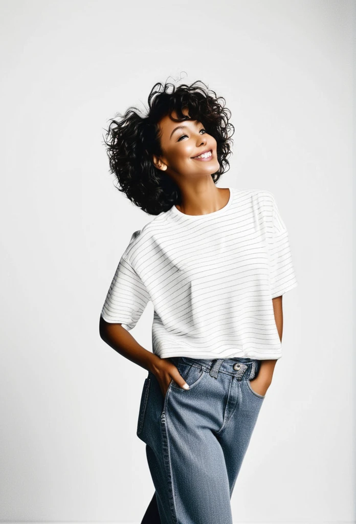 A african mixed model with brown skin is shown in a minimalist black and white photograph, posing in profile, tee shirt oversize, wearing short baggy jeans. Her head is tilted back, natural poses, 
Curly hair flowing freely, cherry lip,almond eyes, joyful smile.background white,beautiful natural features